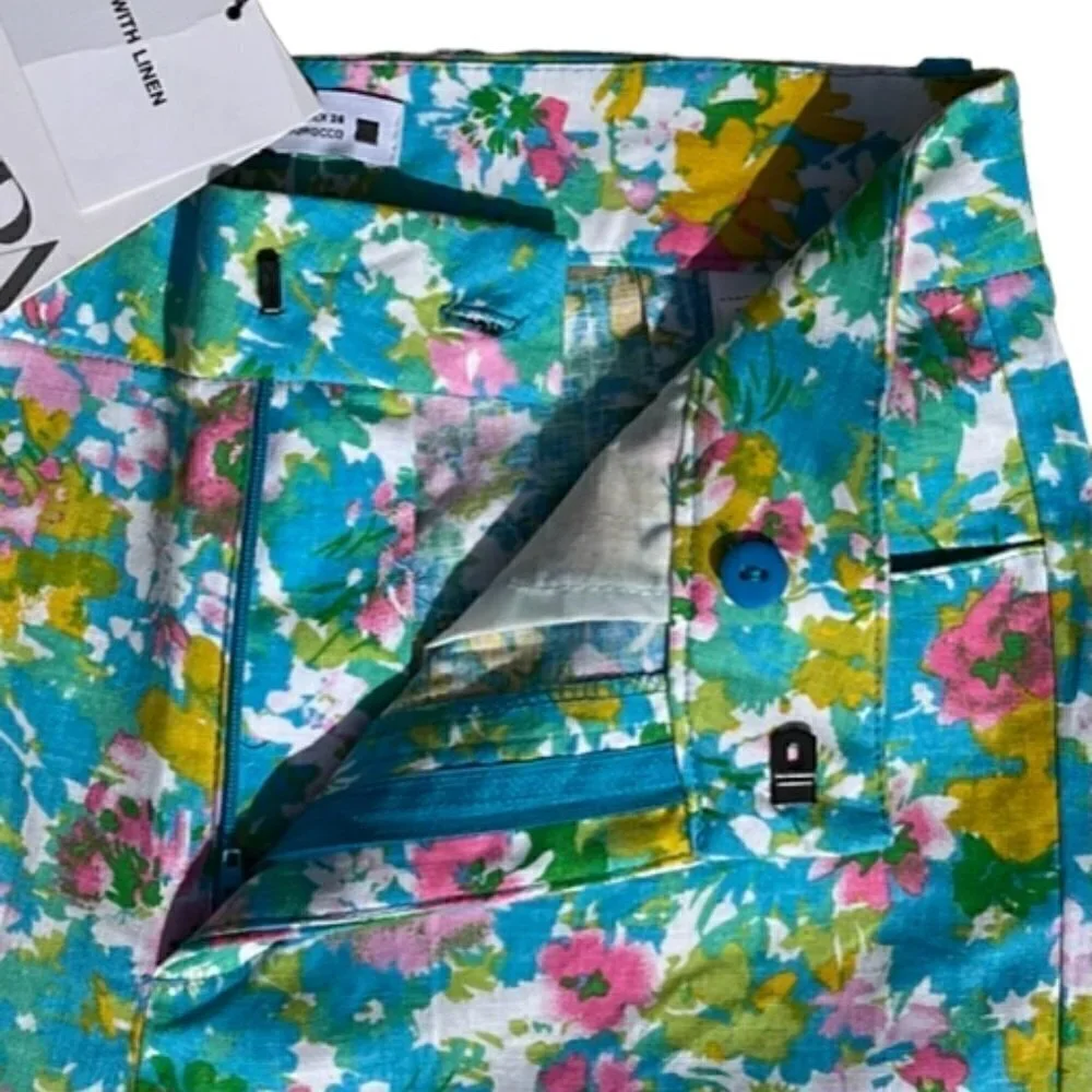Zara NWT Printed Linen Blend Flared Trousers Green Blue Pink Floral Print Size 4